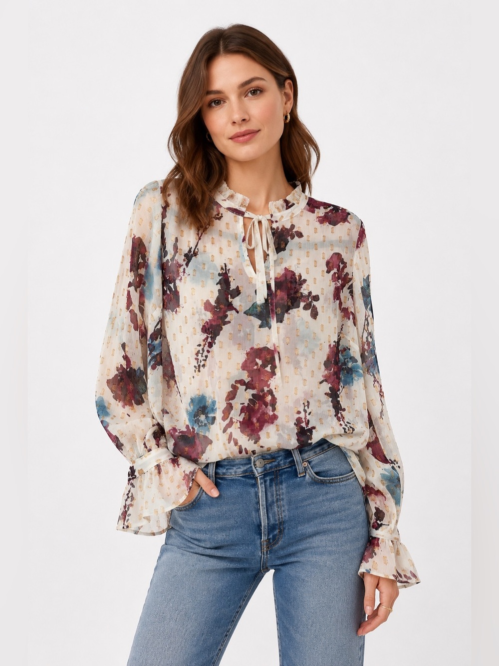 Soft Surroundings Primrose Blouse Size Large Ivory Floral Gold Boho Ruffle Bell